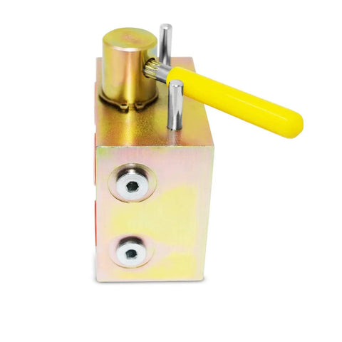 Manual Hydraulic Multiplier And SCV Splitter Diverter Valve That Turns One Hydraulic Circuit Into Two, showing yellow handle and metal body