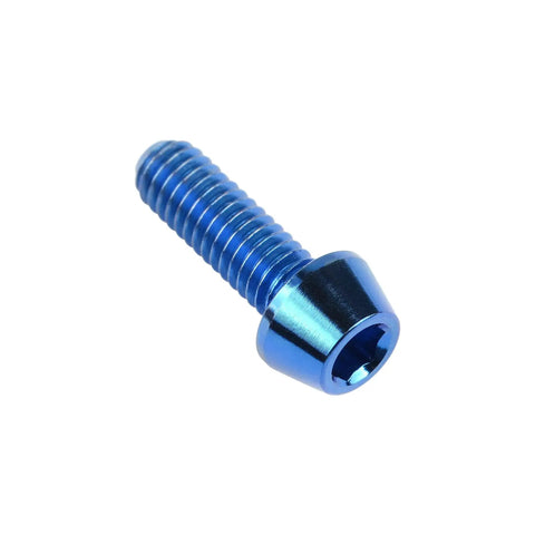 Dope Blue Titanium DIN912 M4 Hex Bolt for Bicycle Frames and Components, shown with tapered head and hex drive