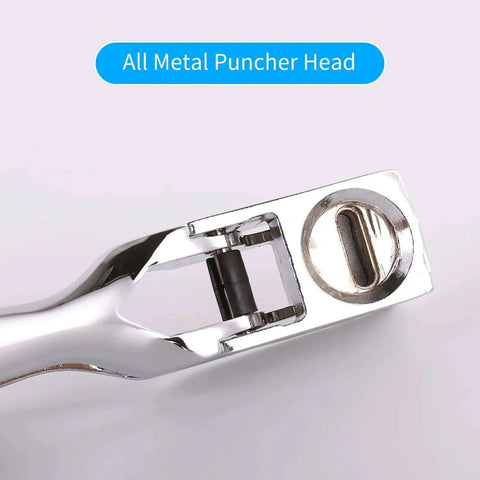 Close-up of Go-To All Metal Single Hole Puncher With Lever, showcasing oval punch head, ideal for office, school, home and craft projects.