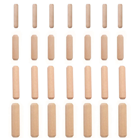 28 Piece Grooved Wooden Dowel Set For Woodworking M6 M8 M10, fluted pins for furniture making, carpentry, and DIY projects, front view