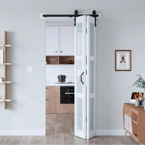 36 By 84 Inch Space Saver Bifold Barn Door With Frosted Glass Panel And PVC Coated MDF installed in modern room
