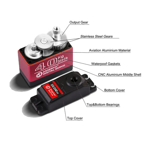 Beefy 40 Kg DS3240MG digital RC servo with red aluminum housing, black base, and waterproof gaskets.