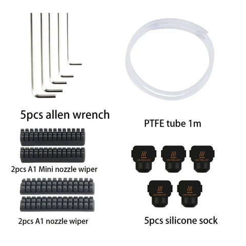All In One 3D Printer Tool Kit For A1 And A1 Mini Pro Grade Maintenance Set with wrenches, PTFE tube, nozzle wipers, silicone socks