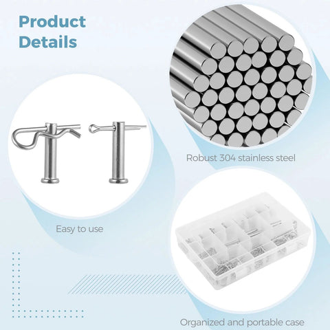 Beefy 122 Pcs Pins Kit With Clevis Pins In M4 M6 M8 Sizes, Cotter Pins In M1.5 M2 M3 And R Clips In M1.5 M2 M3, 304 stainless steel details