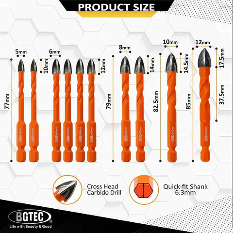 All Purpose Masonry Drill Bits Set by BGTEC, 10 Pack With Tungsten Carbide Tips And Quick Fit Hex Shank sizes shown vertically