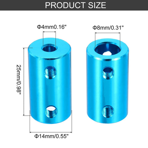 Blue aluminum rigid shaft couplings, two pieces, 25mm long, 14mm diameter, 4–8mm bore, with screws