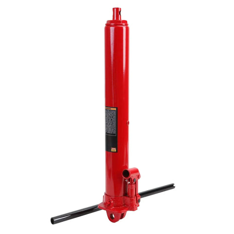 Side view of 3 Ton Hydraulic Long Ram Jack With Clevis Base And 24 3/8 In To 43 7/8 In Lift, red with black handles.
