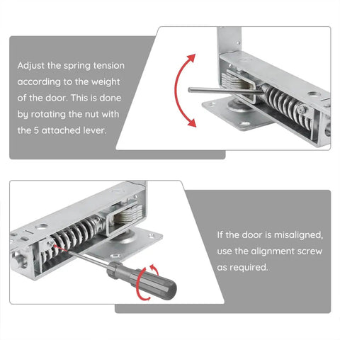 Adjustable torque on double action spring hinge with cover plates for wood doors using screwdriver, showing top pivot hinge mechanism.