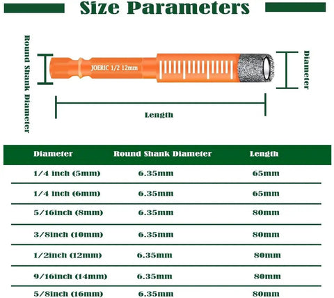 Size chart for Pro Grade Orange Hex Shank Dry Diamond Core Drill Bit Set 5mm 10 Pieces with length and diameter details.
