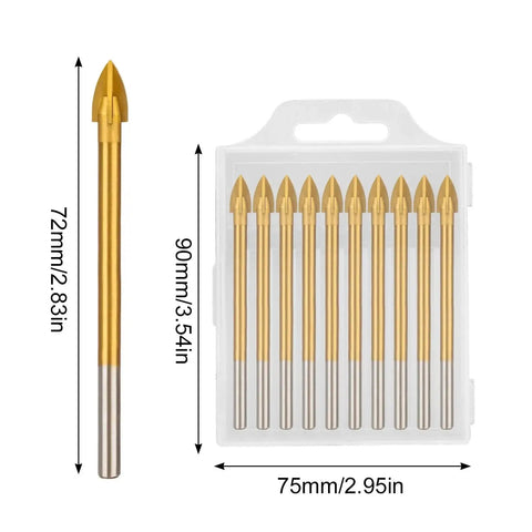 10 Piece One Quarter Inch Masonry Drill Bit Set Titanium Coated Carbide for Tile Concrete Stone Glass Brick Ceramic