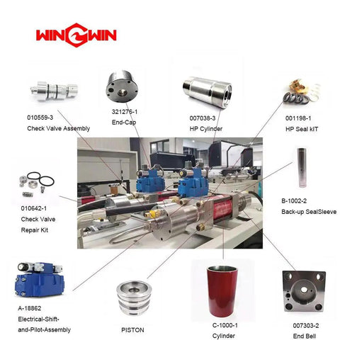 Collage of Waterjet Cutting Machine Spare Parts including Outlet Poppet Check Valve No 0110391 and various components for sale.
