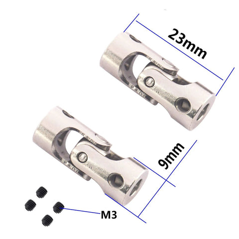 Five Vgoohobby universal rotatable steering shaft U-joint connectors for RC cars, 3mm to 3mm, metal with M3 screws.