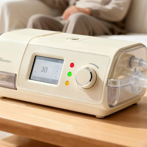 Beige CPAP machine with digital display and control knob on wooden table