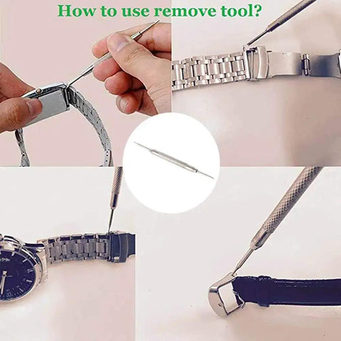 Quick Release Watch Spring Bar Pins 20 Piece Set 12Mm 14Mm 16Mm 18Mm 20Mm 22Mm 24Mm Stainless Steel With Watch Strap Repair Tool shown being used.