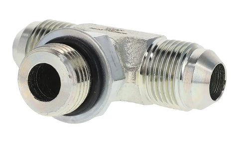 Branch Tee Hydraulic Fitting Built Tough With Two Three Eighths Inch Male JIC Nine Sixteen Eighteen Threads And One Quarter Inch ORB Seven Sixteen Twenty Thread Male Carbon Steel With Zinc Trivalent Coating