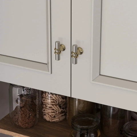 10 Pack Brushed Nickel Cabinet Knobs and Silver Gold Knobs on kitchen cabinet doors, modern hardware with durable zinc alloy construction.