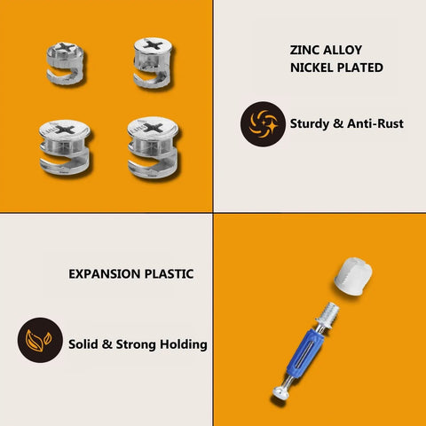 Furniture Cam Lock Set With Ninety Pieces Three In One Eccentric Wheels For Easy DIY Cabinet Repairs Compatible With IKEA Hardware showcasing zinc alloy cam locks and plastic dowels