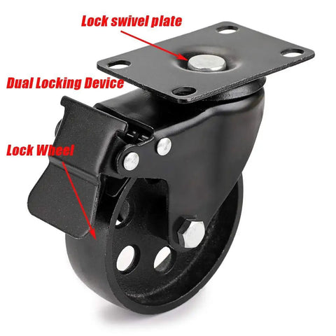 Heavy Duty 4 Inch Cast Iron Swivel Plate Caster with Dual Locking Brakes for Tables and Carts, close-up view of locking mechanism.