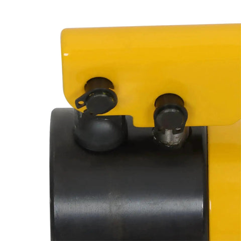 Close-up of the 10 Ton Hydraulic Knockout Hole Punch Kit With Separable Pump And Rotatable On Off Valve showing connectors and yellow body.