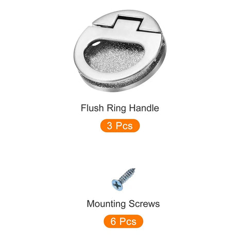 Flush Ring Pull Handles Set Of 3 43.5mm Zinc Alloy Dark Silver with screws, ideal for drawers and sliding doors