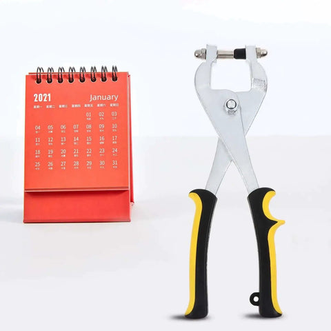 Leather Hole Punch Pliers Handheld Punch Tool For Crafting And Leathercraft with anti-slip handle beside a red calendar