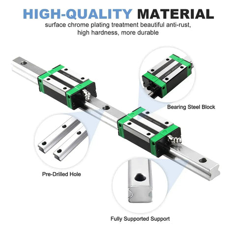 600mm HGR20 Linear Guide Rail Kit with 2 rails and 4 HGH20CA bearing blocks, showing pre-drilled holes and steel blocks, anti-rust.