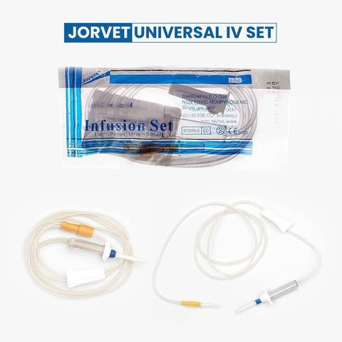 JorVet Universal IV Set with 72-inch tubing, Luer connector, roller clamp, vented air vent, single-use.