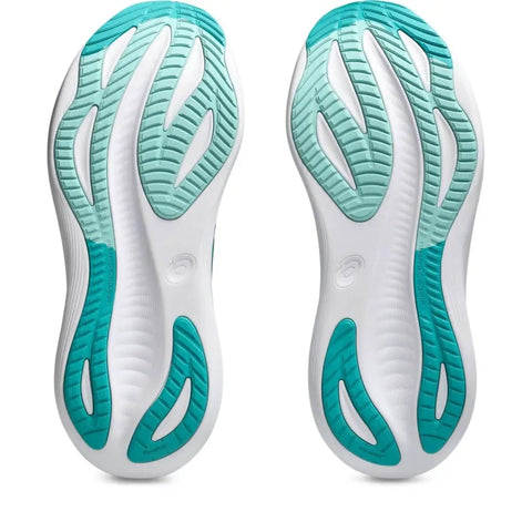 Gel Nimbus 27 Men's Running Shoes Size 9.5 Wave Teal Saxon Green Ultra Cushioned Ride sole view with teal accents