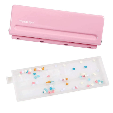 Adjustable 6 Hole Punch For Planners And Binders, Durable Metal Puncher With 6 Sheet Capacity, Pink, with included confetti tray.