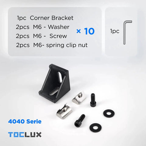 10 Sets Black 4040 Aluminum Extrusion Corner Bracket Kit With 10 Corner Brackets 20 M6 Spring T Nuts And Hex Screws Plus 1 Ball End Hex Wrench For 40 T Slot Extruded Aluminum Accessories Must Have For Builders, showing individual components of the kit including a corner bracket, screws, washers, T-nuts, and a hex wrench on a white background with product specifications in the background.