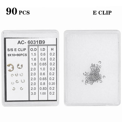 90Pcs Watch Ring Clip E Clip Set With 9 Sizes From 1.5mm To 4mm External Retaining Rings in transparent storage box