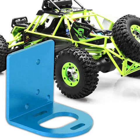 Adjustable Metal RC Motor Mounting Bracket Seat Base For 540 3660 3650 Motors By Tbest, blue aluminum, shown next to RC car.