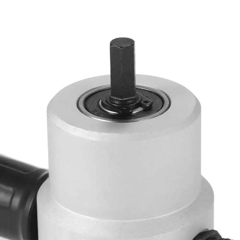 Close-up of Double Head Nibbler for metal cutting, showing adjustable drill attachment for straight and curved cuts.