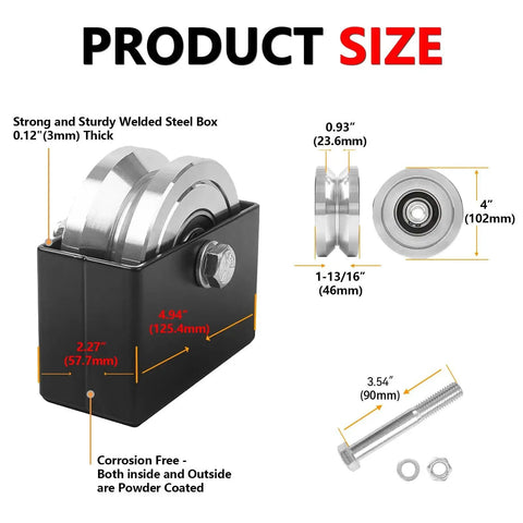 4 Inch V Groove Slide Gate Wheel With Dual Sealed Bearings Supports Up To 3000 Lbs Weld On Bracket Box For Sliding Rolling V Inverted Track Gates For Heavy Duty Commercial And Residential Use, shown with dimensions