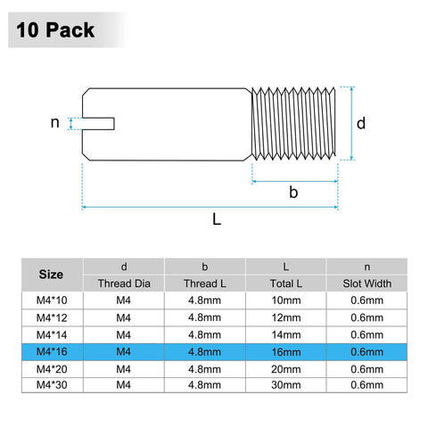 Diagram of 10 Pack M4 16mm Slotted Cylindrical Pin Dowel Set in 304 Stainless Steel External Thread Locating Pins for Metalworking