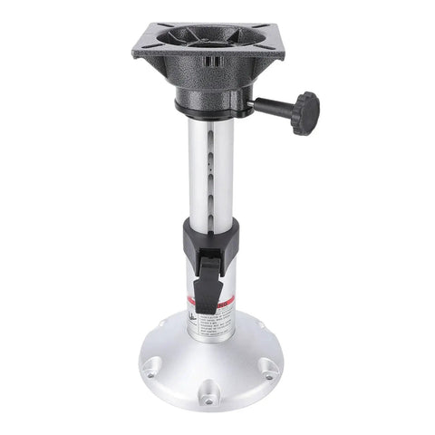 Boat seat pedestal front view with adjustable height 13–18 in and 360° swivel; silver aluminum column, black base plate