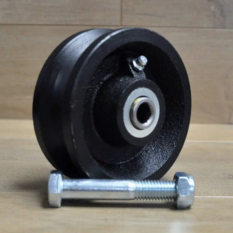 4 Inch V Groove Cast Iron Wheel Caster For Rolling And Sliding Gates Includes Axle Bolt And Nut Three Eighths Inch Axle Locking Nut Keeps Bolt In Place Heavy Duty Replacement Wheel For Gate Hardware