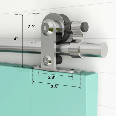 Close-up of Six Foot Sliding Barn Door Hardware Kit With Top Mount Stainless Steel Heavy Duty Track for Single Wood Door