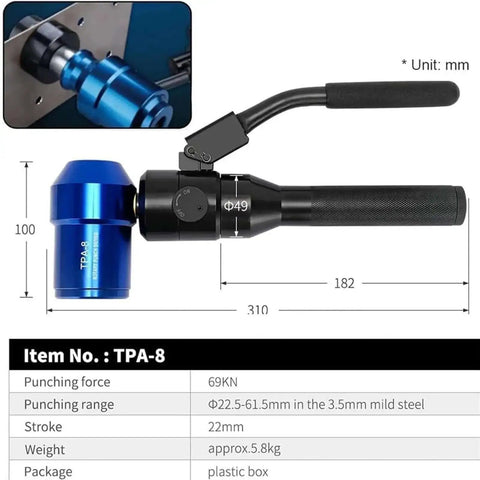 Portable Manual Hydraulic Hole Punch Kit with Six Die Set for Metal Sheets, showing dimensions and components, pro grade tool