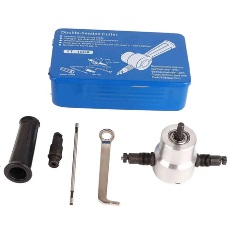 Double Headed Sheet Metal Nibbler With Drill Attachment For Precise Metal Cutting Including 360 Degree Rotatable Cutter Heads shown with accessories