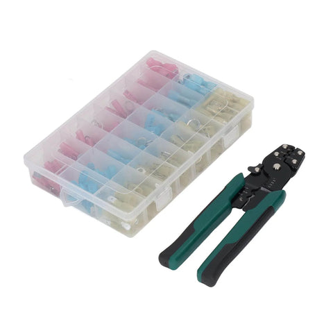 Self Adjusting Ratchet Ferrule Crimping Tool Kit For AWG 22 Through 10 Wire Includes 200 Insulated Heat Shrink Butt Connectors