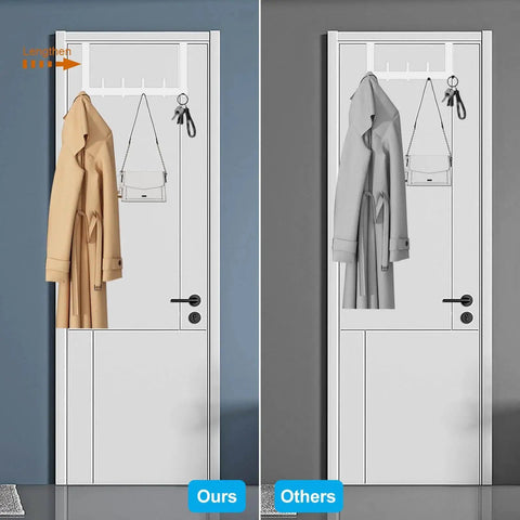 Comparison of Over The Door Hooks 12 Hooks Heavy Duty Metal Hanger For Towels And Coats on a white door with coats and bags