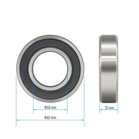 Deep groove ball bearing 40×62×12 mm, chrome steel, double black rubber shielded, viewed front and side
