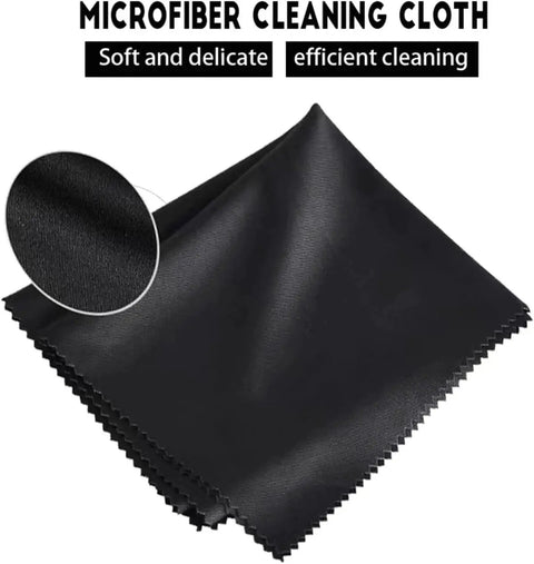 Black microfiber eyeglass cleaning cloth 6x7 inches, soft and delicate, shown in close-up for glasses and screens