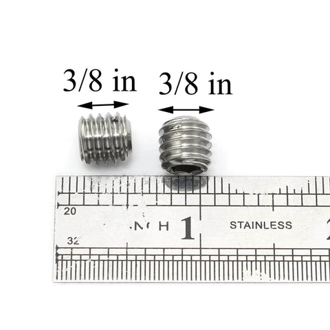 Two 3/8-16 stainless steel cup point socket set screws next to a ruler, highlighting size for automotive and DIY use.
