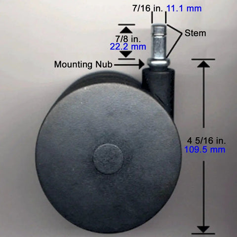 Extra Large Chair Casters 4 Inch Set Of Five For Carpet Replaces Chair Mat Heavy Duty With Smooth Rolling Performance Seven Sixteenth Inch Stem Ideal For Heavy Users Mobility Assistance Or Higher Seating, side view showing measurements
