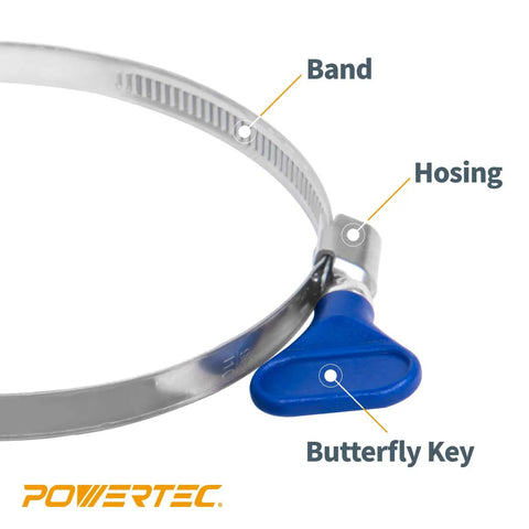 Powertec 1-1/2 inch stainless steel hose clamp with blue butterfly key and thumb screw