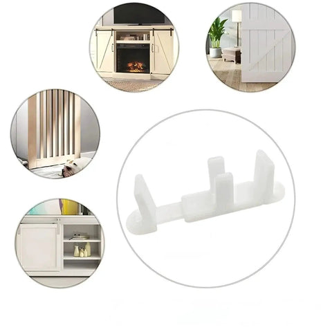 Image of 5 Pack Adjustable Bypass Sliding Door Guides for Closet Doors White Fits Three Quarter To One And Three Eighths Inch Thick Bypassing Doors Mount Design Includes Two And One Eighth Inch Base And One And Quarter Inch High Spacer Pins Plus Fifteen Screws, showing a single white guide with circular insets of doors.
