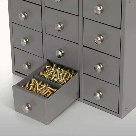 Heavy Duty 12 Drawer Metal Parts Cabinet For Workshop Garage And Office With Corrosion Resistant Galvannealed Steel Powder Coated Finish showing one drawer open filled with screws