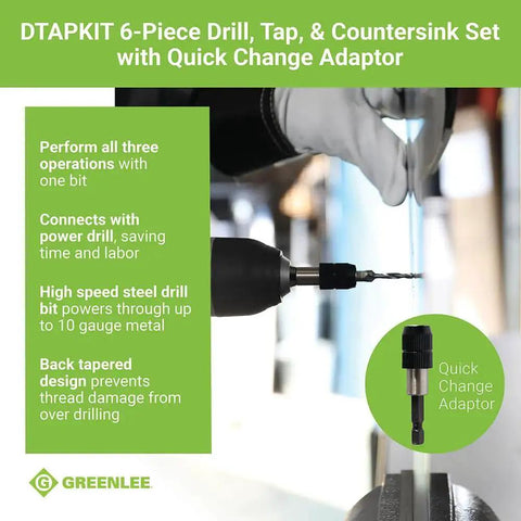 One Step Drill Tap Kit For Metal With Quick Change Adapter in use with a power drill, details on operations and bit design visible.